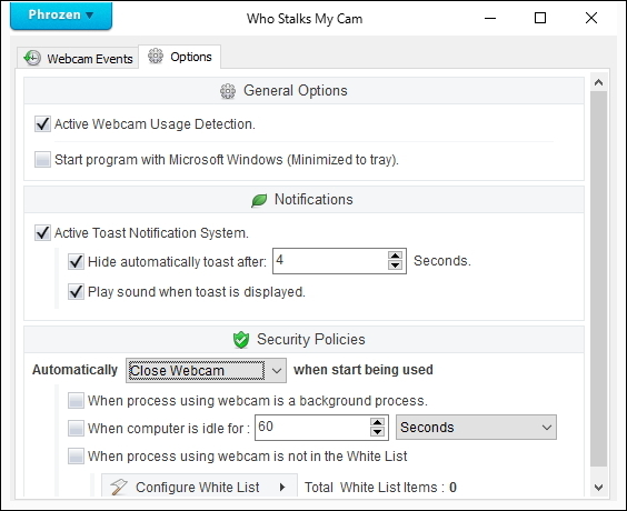 あらかじめ指定した条件に合致する場合にWebカメラを自動で停止