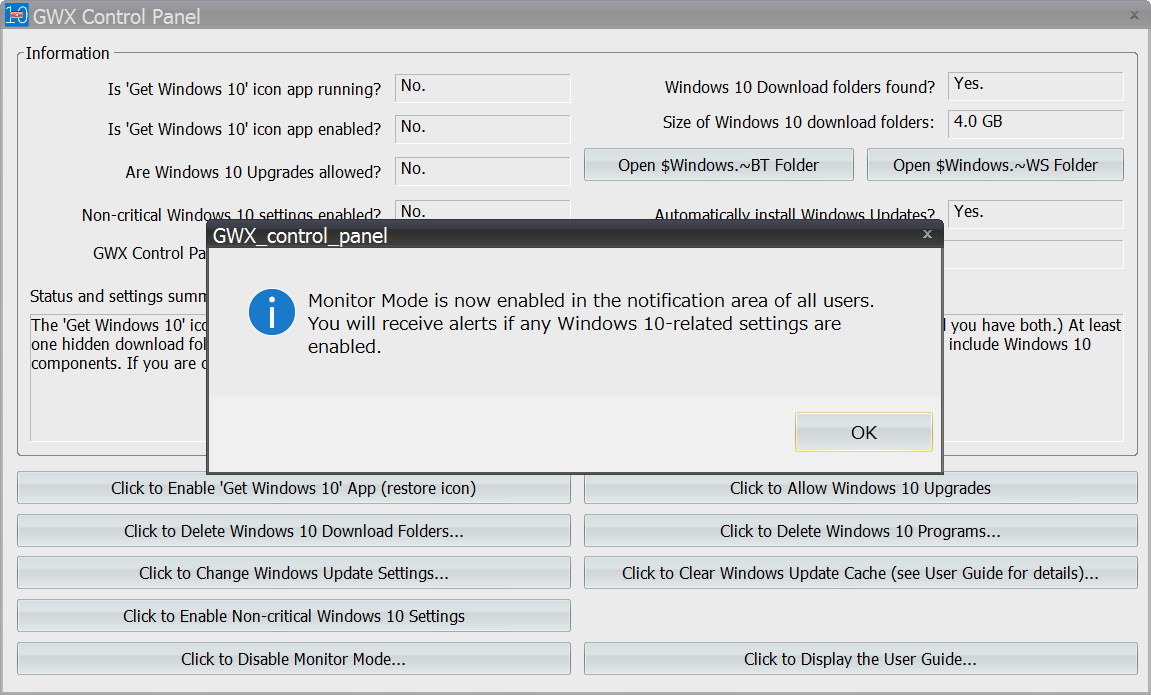 モニターモードですべてのWindows 10へのアップグレード処理が行われていないかをシステムレベルで監視
