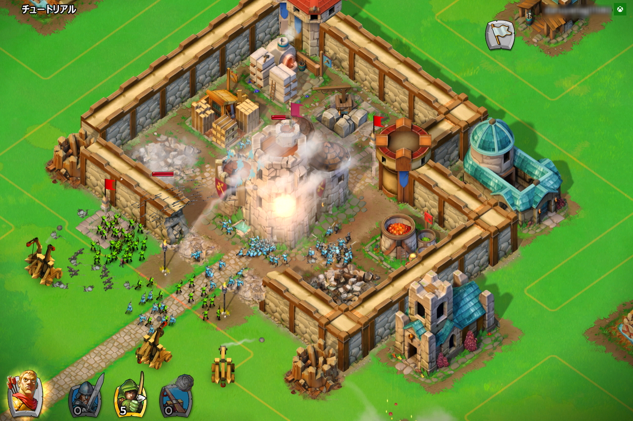 戦闘シーン。勝利条件は制限時間内に“天守”を破壊するか、50％以上の施設を破壊するかのいずれか