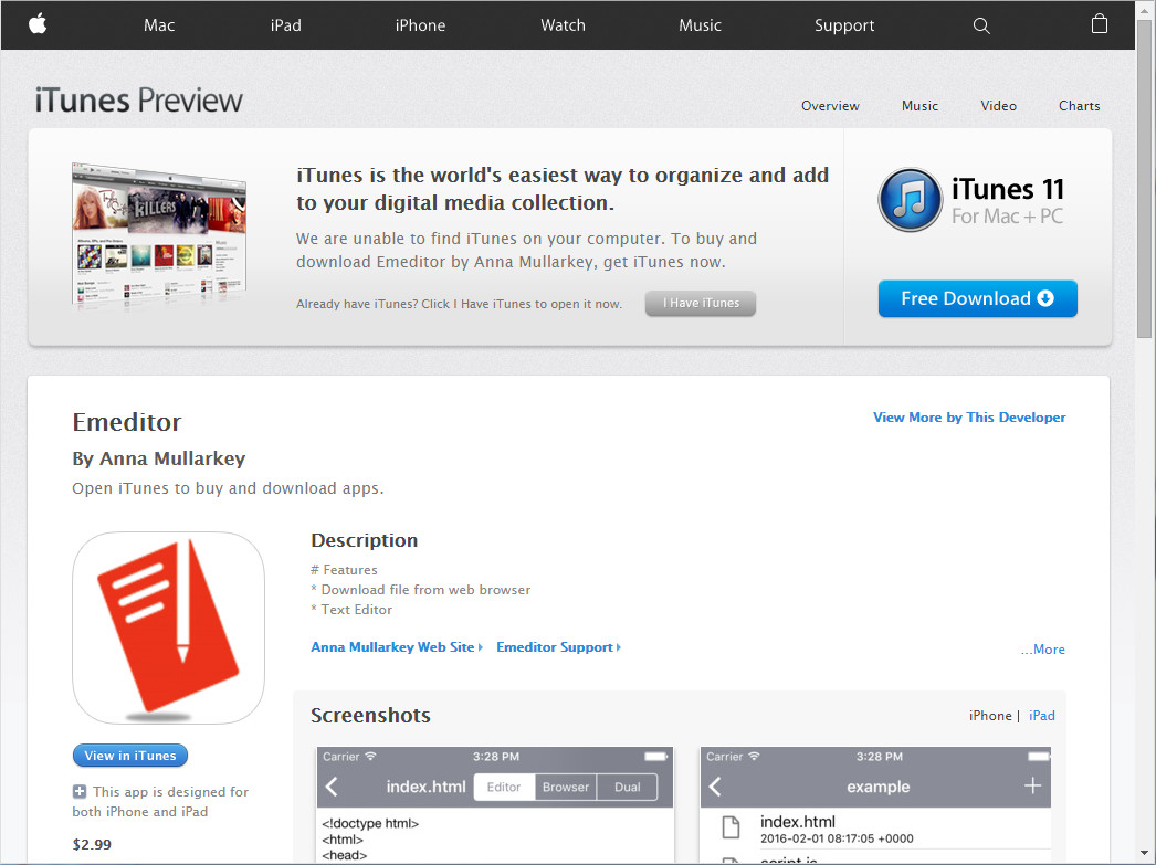 App Store上にある「EmEditor」を装ったiOSアプリのページ