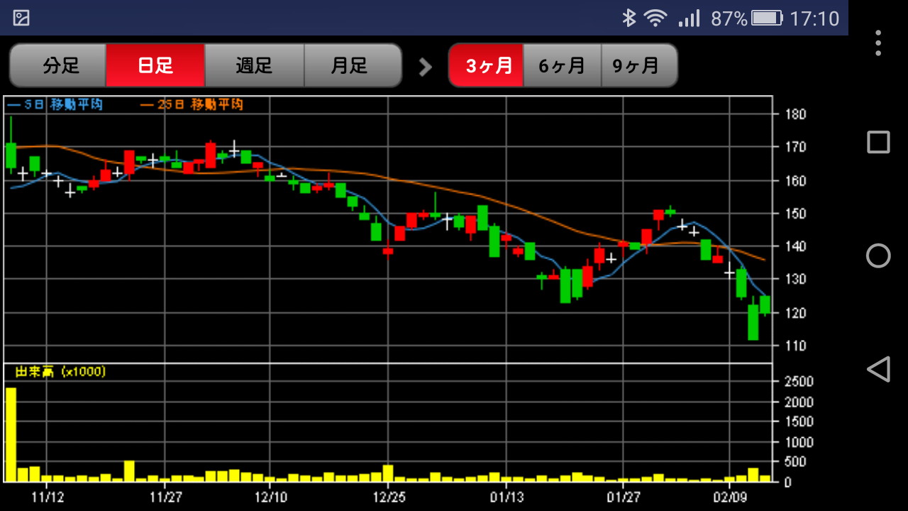 横画面にするとチャートを拡大表示でき、画面上部のボタンで種類や期間を切り替えられる