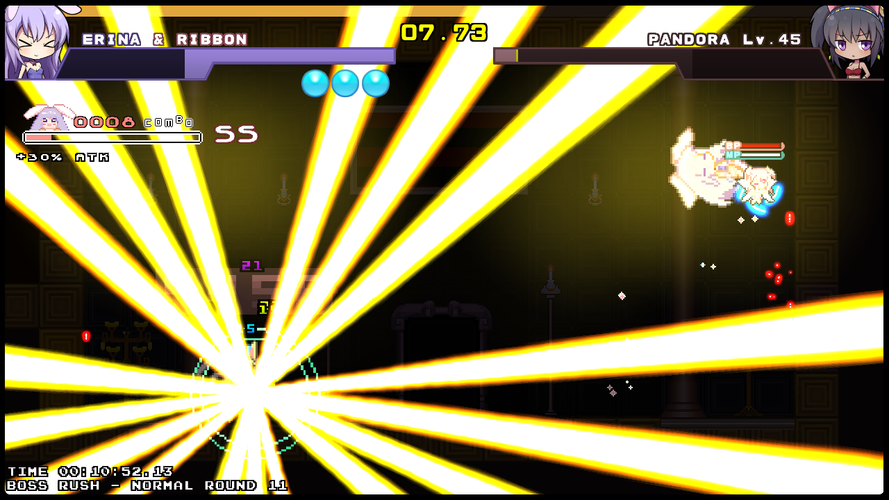 ボスラッシュモードでは、次々と現れるボスと戦う。UIが格闘ゲーム風にアレンジされている