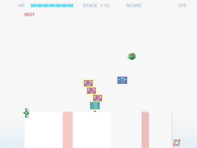 上から落ちてくる箱を積み上げて攻撃するユニークなアクションシューティング。同じ箱を3つ重ねてパワーアップできるのが楽しい