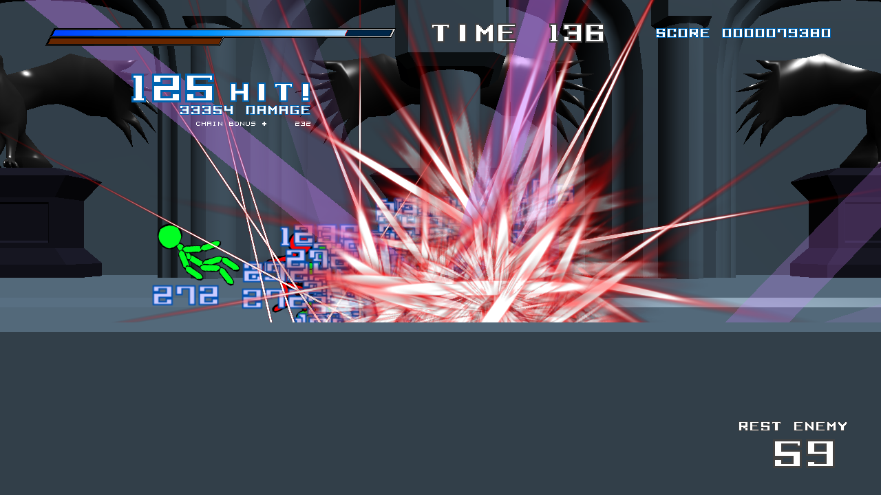 赤いリボンの女の子が主人公。コンボを駆使して次々に現れる棒人間のような敵をバッタバッタと倒していくのが爽快