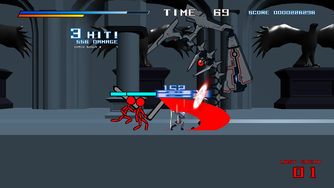 赤いリボンの女の子が主人公。コンボを駆使して次々に現れる棒人間のような敵をバッタバッタと倒していくのが爽快