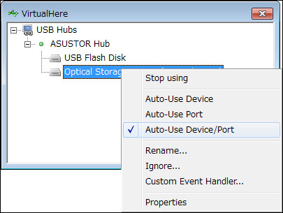 USBデバイスを右クリックして「Auto-Use」を選択するとPCにマウントされます。なおUSBデバイスは排他利用で、同時に2台以上の機器で共有することはできません（いったんアンマウントする必要があります）