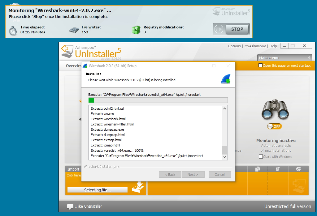 インストール中はデスクトップ左上にモニタリング画面が現れる