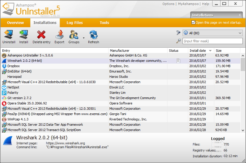 ［Instllations］タブでアプリケーションのアンインストールが可能