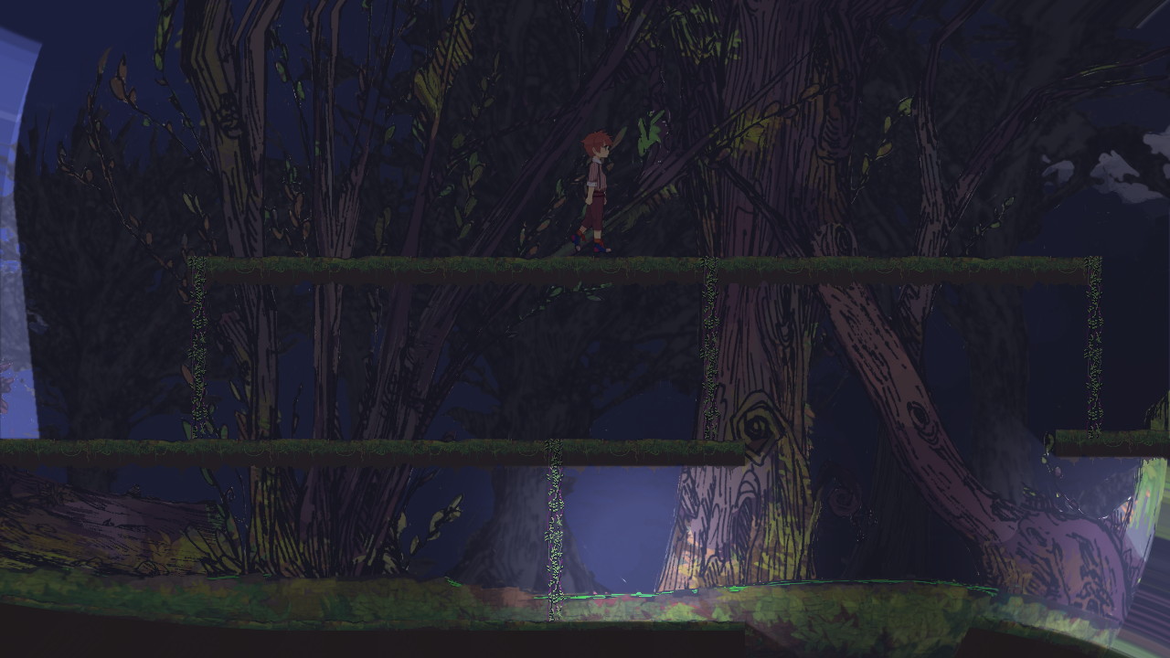 暗闇の中にある明かりを求めて、先へ先へと進んでいく。暗闇にいると画面が歪み、BGMの音階がずれる表現もアイデアが光る