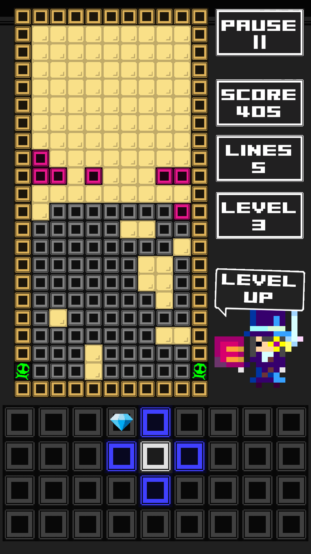 落ちてくるブロックを自分で決められる落ちものパズル。簡単そうだと思うかもしれないが、これがなかなか難しい