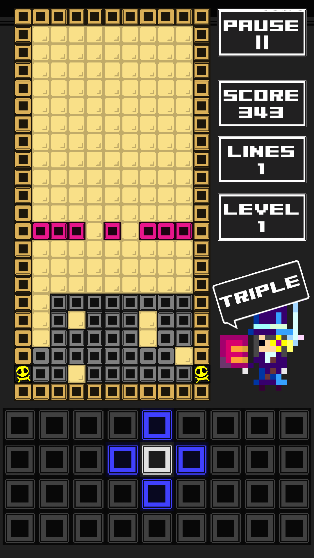 落ちてくるブロックを自分で決められる落ちものパズル。簡単そうだと思うかもしれないが、これがなかなか難しい