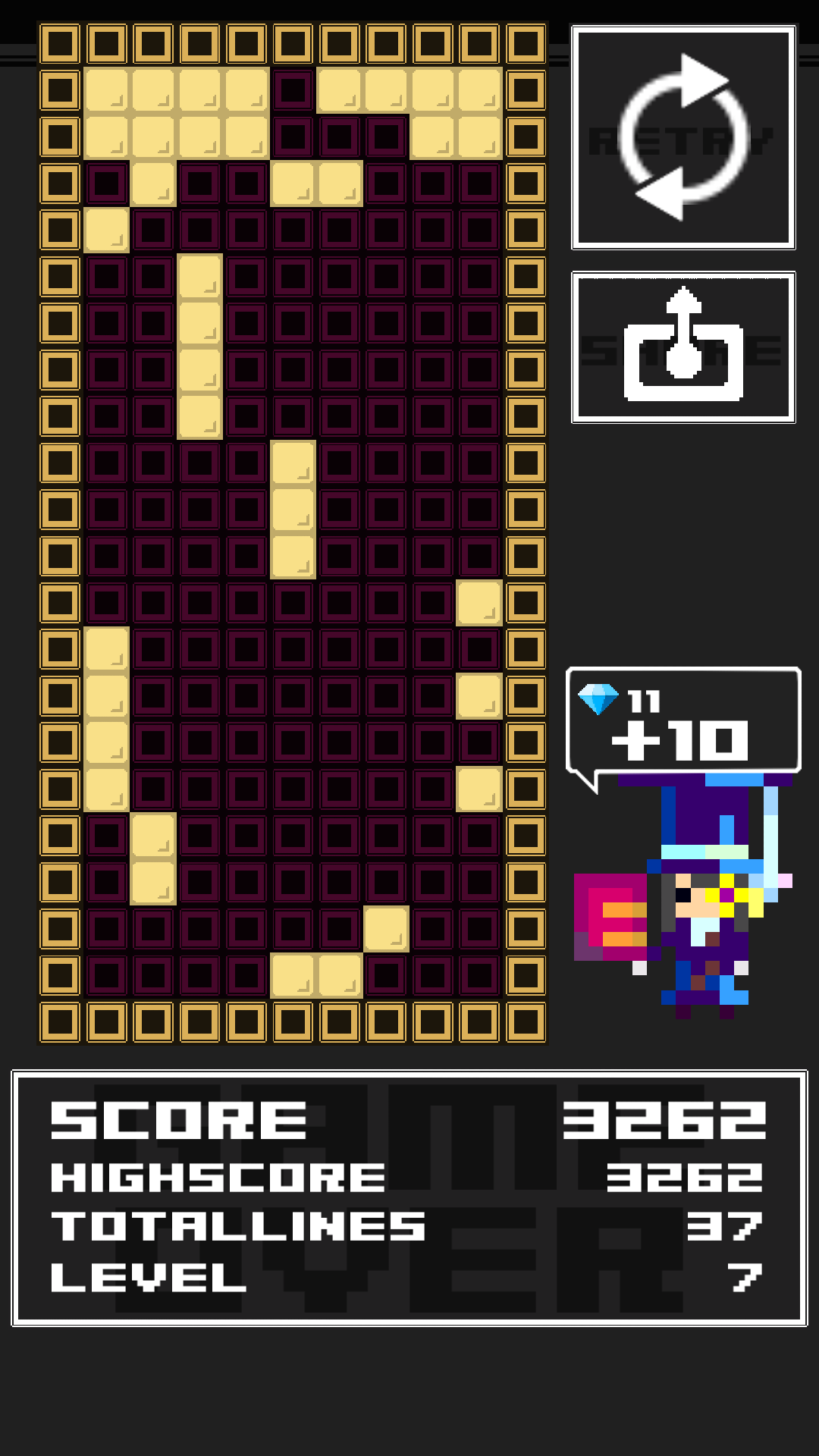 落ちてくるブロックを自分で決められる落ちものパズル。簡単そうだと思うかもしれないが、これがなかなか難しい