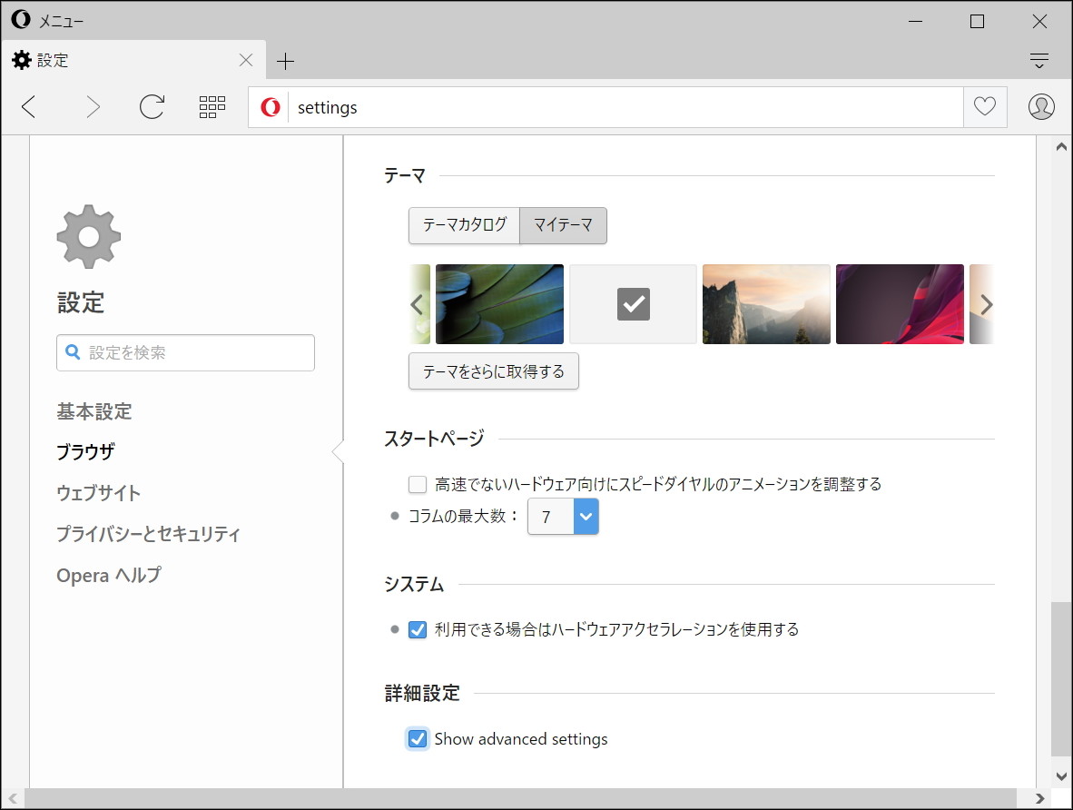 ［ブラウザ］－［詳細設定］欄の［Show advanced settings］オプションでカスタマイズできる項目を増やせる