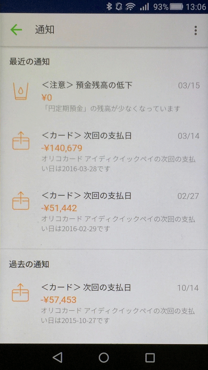 クレジットカードの支払日やポイントの有効期限などの通知を一覧できる