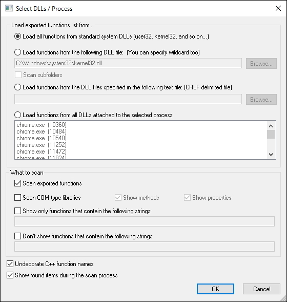 プロセスやDLLを選択するためのダイアログ