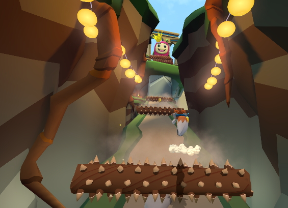 上からトゲ付きの丸太が転がってくる坂道を登るシーン。ラッキーと一緒に上を見上げる