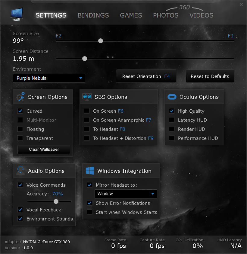 視野角や距離、また今見ている画面をモニターにミラーするかどうかなど様々な設定変更が可能