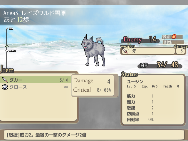 忍者はアイテム枠の空き1つにつきクリティカル率と回避率が10％アップ。クリティカル・回避連発で華麗に戦えるのが面白いが、アイテムを減らしすぎるとピンチに……