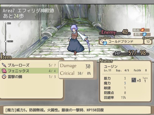 筋力中心の成長をしていた所になかなか筋力依存武器が出ず困っていたが、使用した次のターンに魔力が上がる短剣“ブルーローズ”と魔法の組み合わせで凌いだ場面