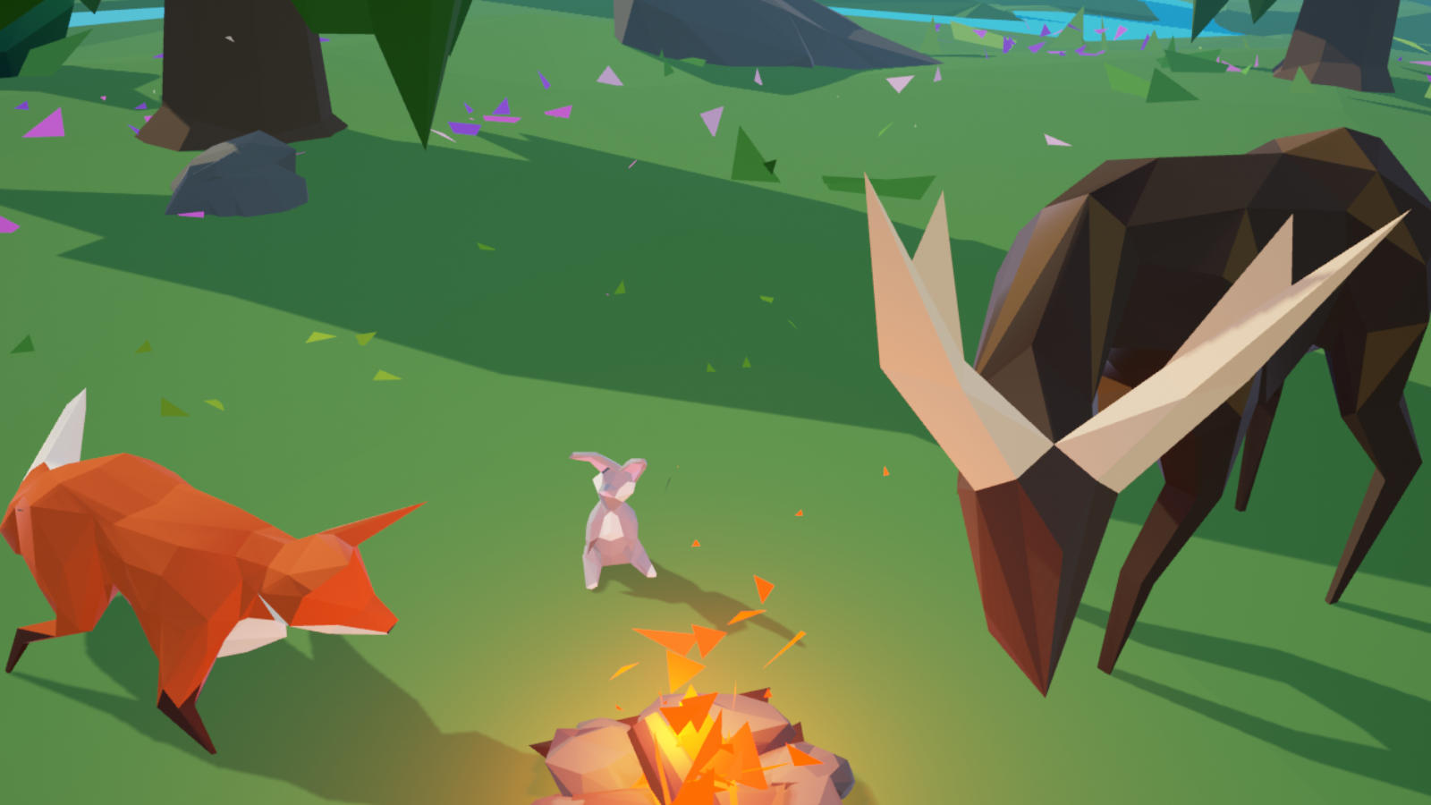 焚き火を動物たちが囲んでいる世界。非常にローポリゴンながら“別世界”を感じられる