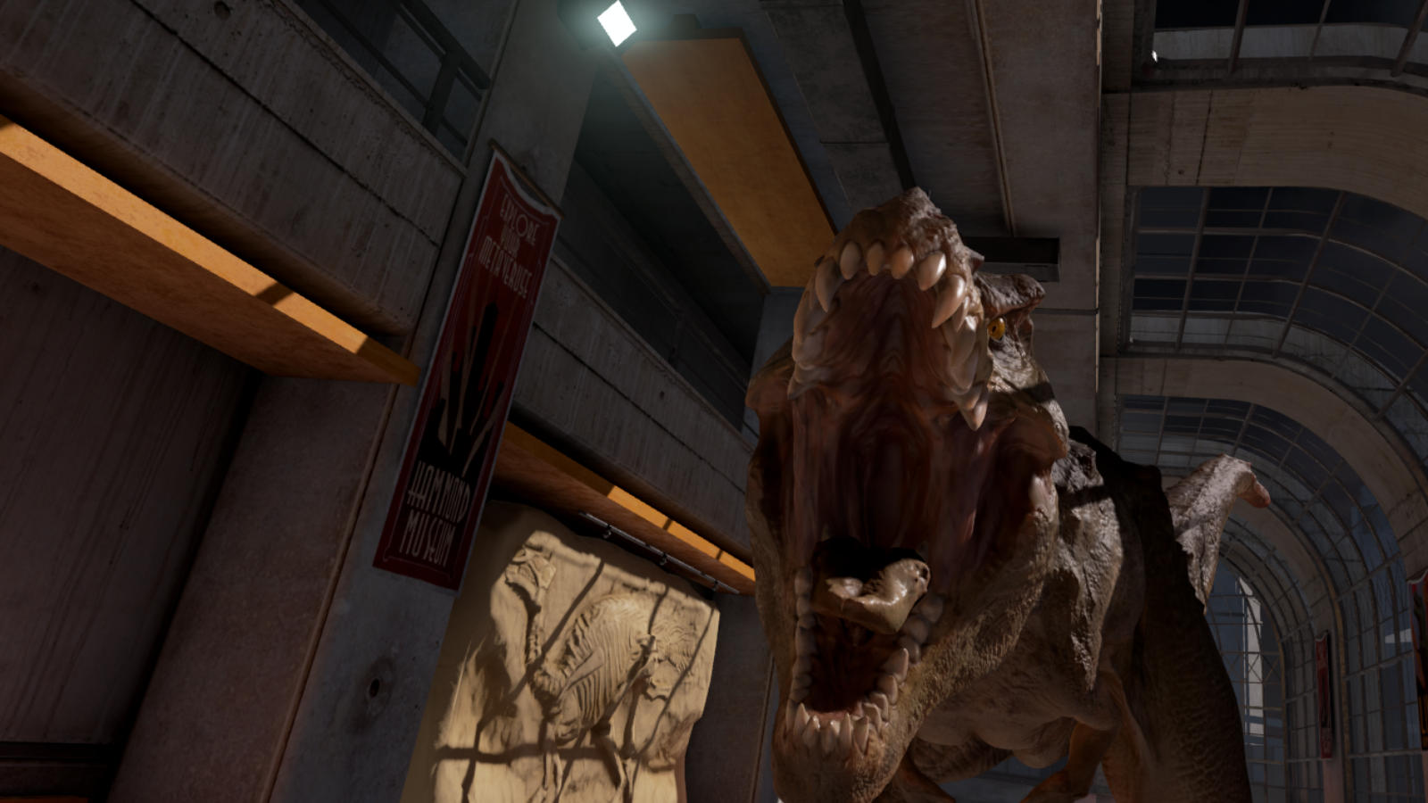 廊下の奥からこちらにくる恐竜の迫力に思わずたじろいでしまう