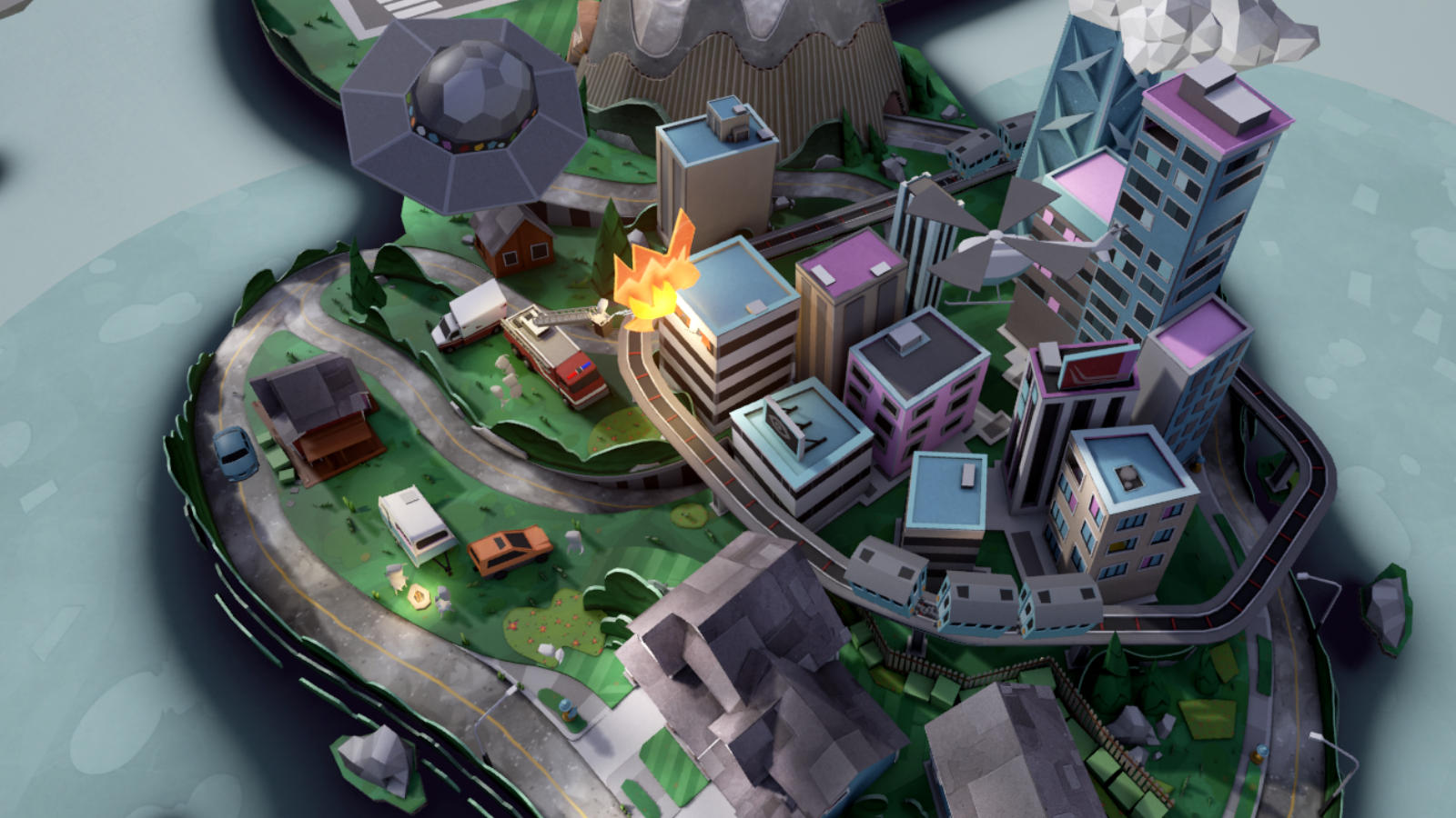 神の視点。ジオラマを覗き込むと、車や飛行機などにより“社会”が繰り広げられている様子が楽しめる