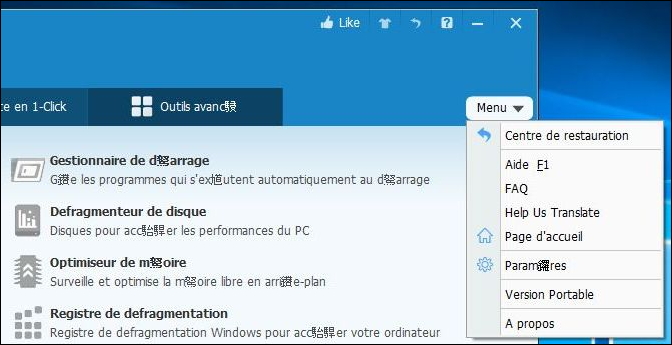 表示言語がフランス語になっていたら、右上の［Menu］ボタンから歯車アイコンの項目をクリック