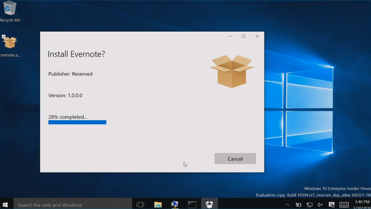 “Build 2016”で披露した「Desktop App Converter」のデモンストレーション。デスクトップアプリ版の「Evernote」をUWPアプリケーション化する様子