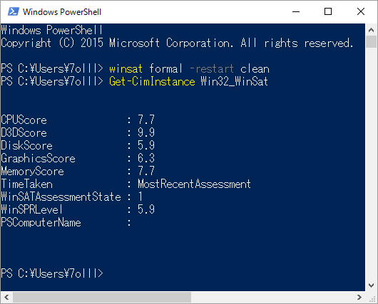 Windows 10におけるWindowsエクスペリエンスインデックス値