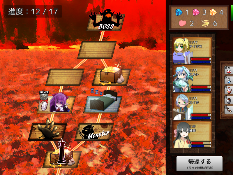 ダンジョンでは道が左右に分岐している場面があり、好きな方を選べる。FOEに突撃するか回避するかは悩み所