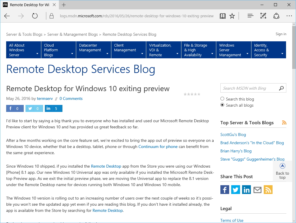 同社の公式ブログ“Remote Desktop Services Blog”